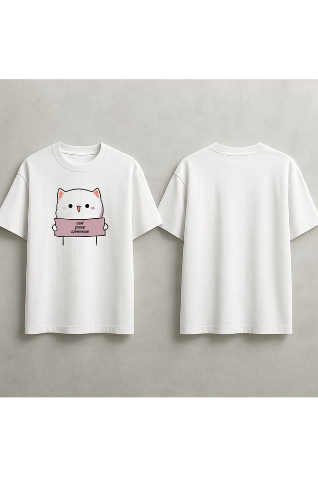 I Love You so Much Written Cat Print Oversized T-Shirt
