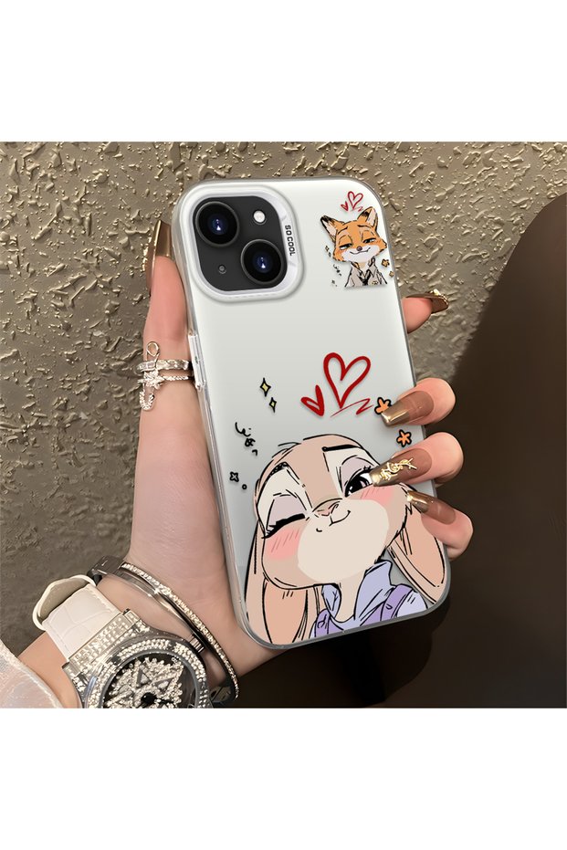 iPhone 13 Mini Compatible Heart-Themed Fox Rabbit Printed Case, Matching Finish for Friends and Couples
