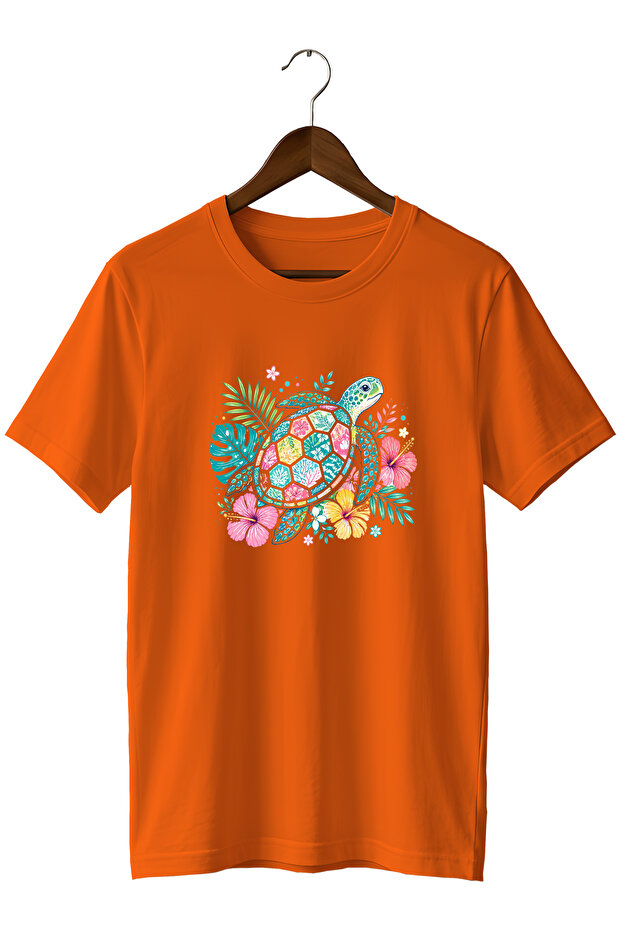 Sea Turtle Printed Unisex T-Shirt – Floral Tropical Nature Themed Crew Neck