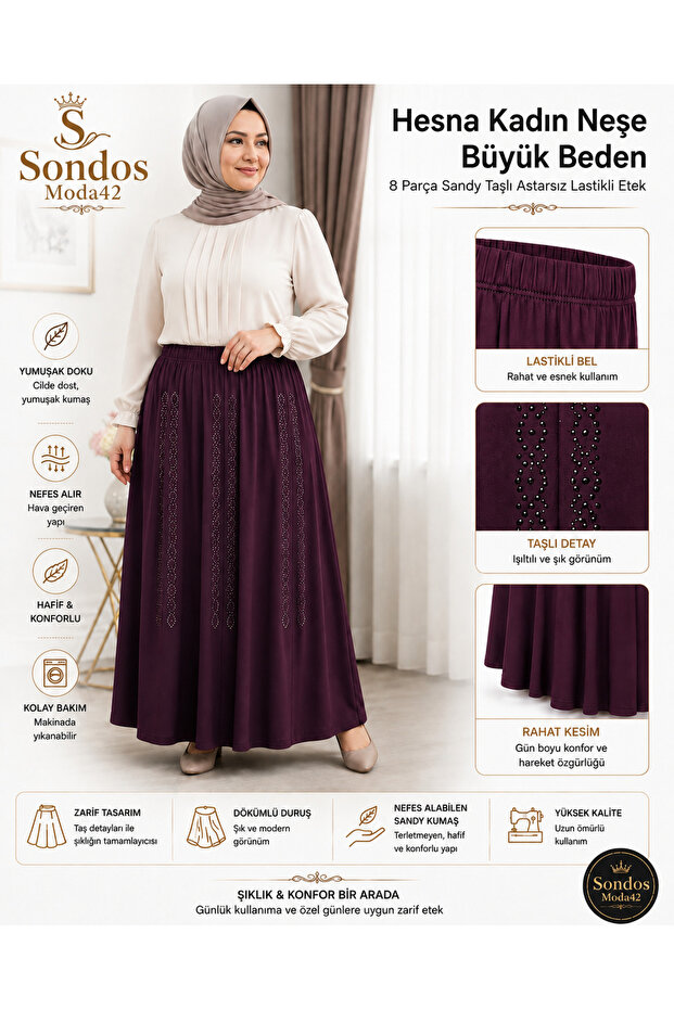 Hesna Women's Neşe Large Size 8-Piece Sandy Skirt, Stone Detailed, Unlined, Elastic Waist, Comfortable Cut, Summer Wear