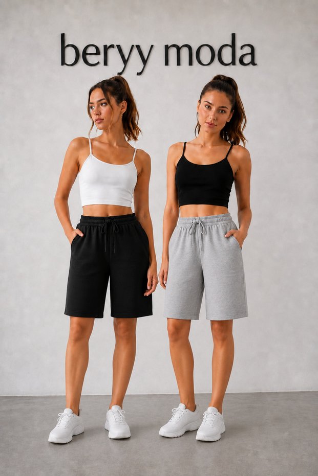 Double Black Gray Shorts Women's Elastic Waist Pocketed Bermuda Length Cotton Casual Shorts Set