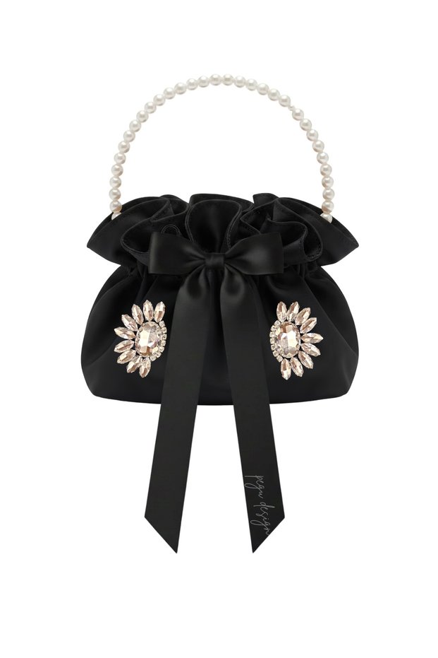 Black Cotton Satin Bag, Black Satin with Crystal Glass Stone Decorations and Pearl Handle, for Daily Use / Evening Wear