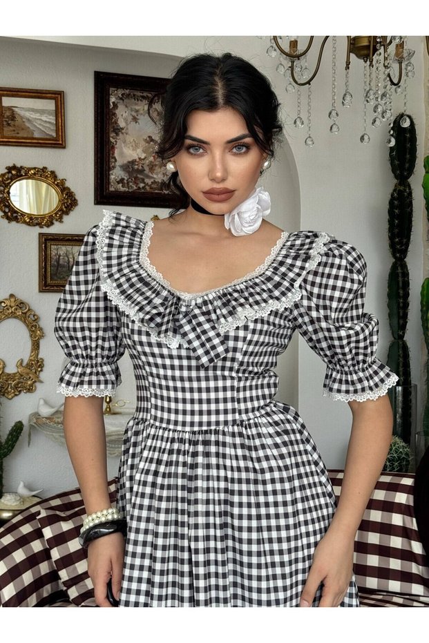 Women's Black Midi Dress with Plaid Pattern, Ruffle Collar, Balloon Sleeves and Lace Detail