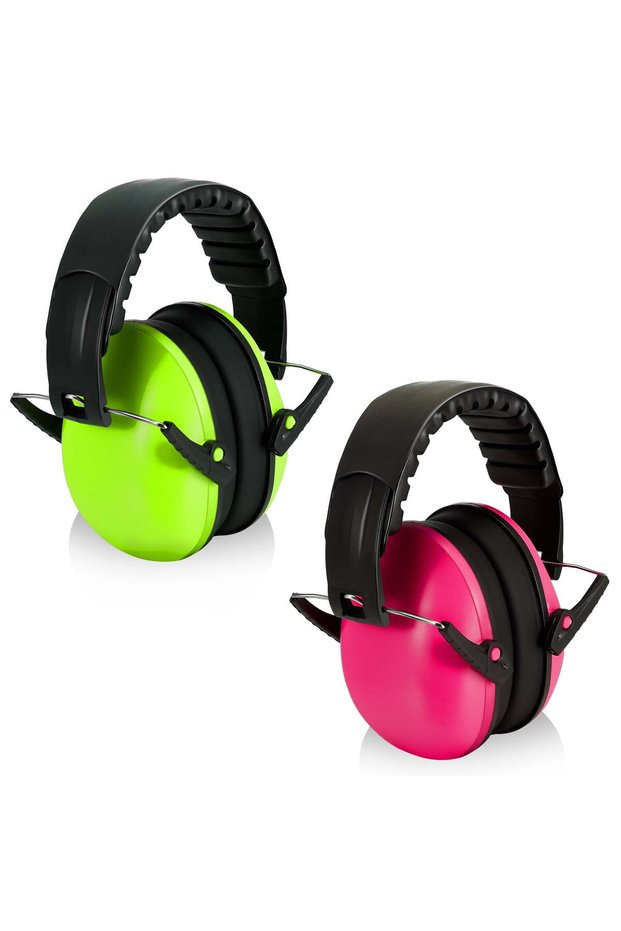2-pack of noise-canceling headphones for children with autism, sensory headphones, reinforced steel adjustable earcups (3-14 years), pink/green.