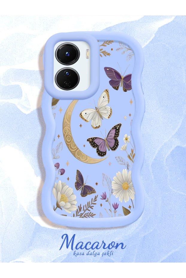 Vivo Y16 Compatible Wavy Frame Moon Butterfly and Flower Patterned Silicone Phone Case