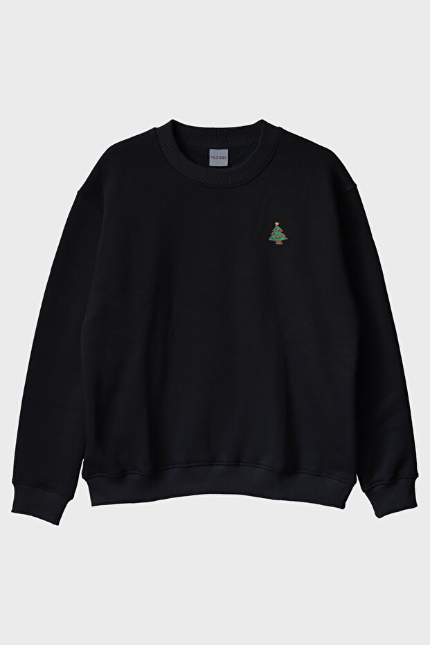 Christmas Tree Patterned Black Crew Neck Sweatshirt