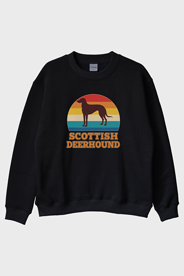 سويت شيرت Scottish Deerhound مطبوع ريترو أسود برقبة دائرية