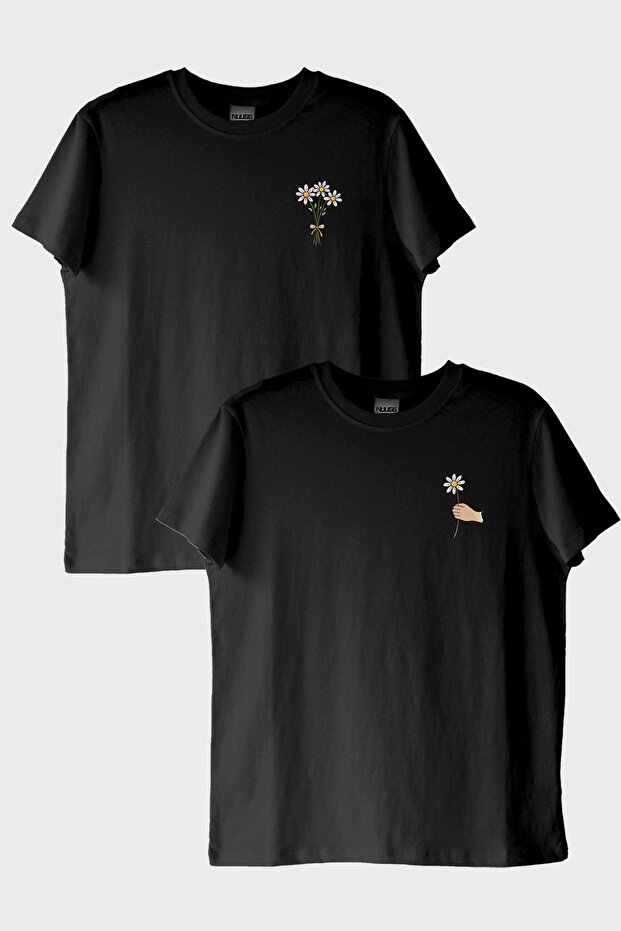 Daisy Patterned Black T-Shirt