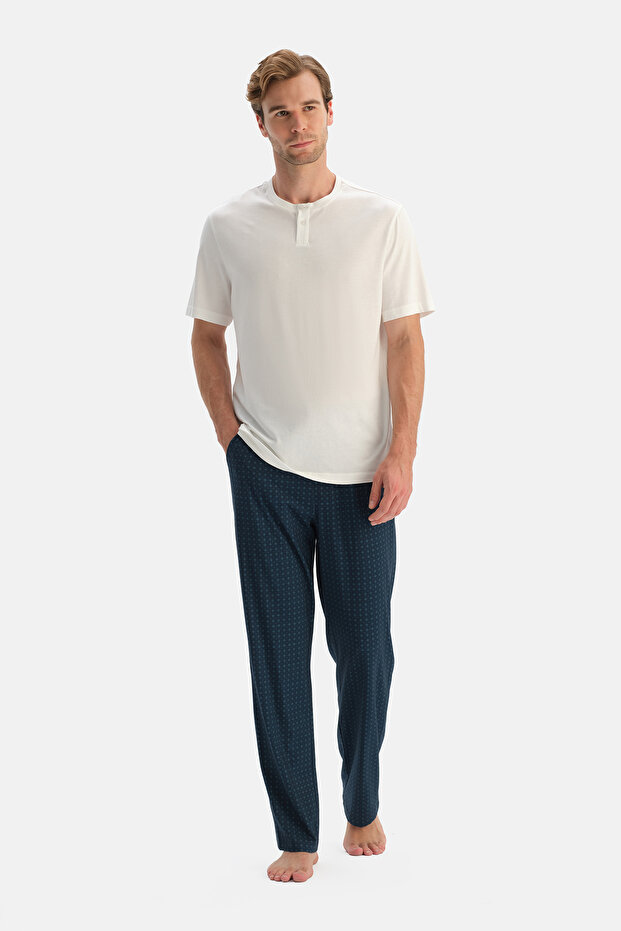 Navy Blue Geometric Patterned Cotton Modal Trousers