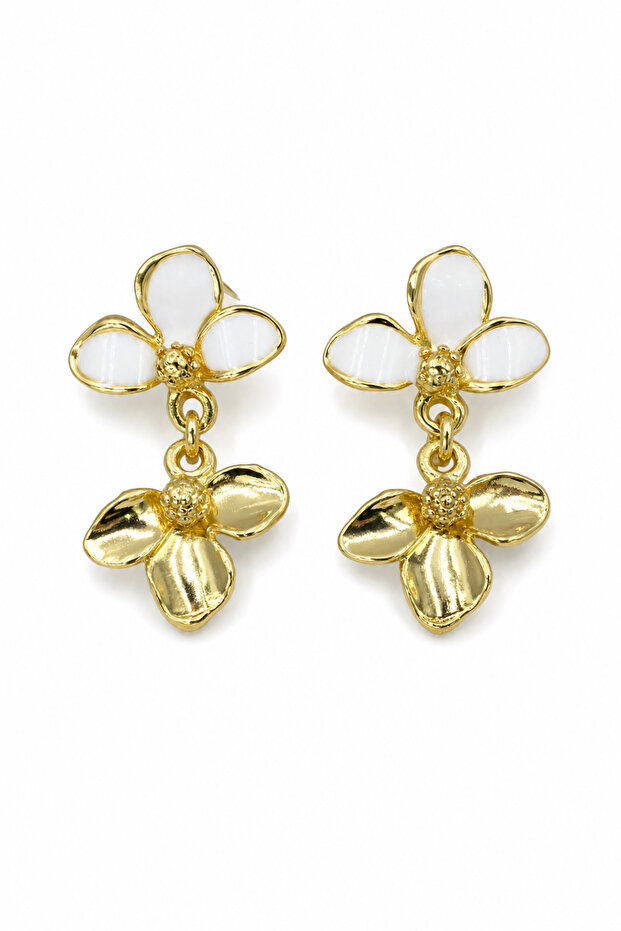 Elegant Yellow Color White Enamel Flower Motif Dangle Bijouterie Earrings