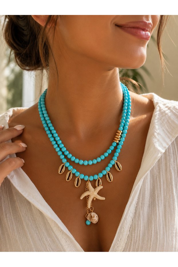 Women's Steel Necklace with Turquoise Beads and Sea Star and Shell Details