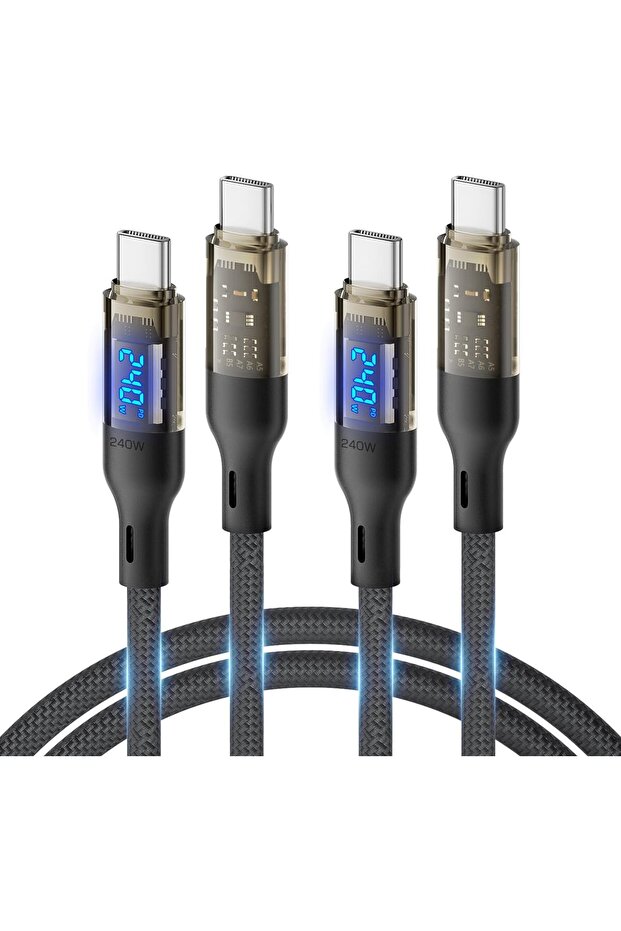 240W USB C to USB C Cable[4ft 2-Pack],Fast Charging USB C Cable with LED Display for MacBook Pro,lPhone15/15Pro/15ProMax,Galaxy S23+/S23Ultra/S22Ultra,etc,Transparent Shell,(Black)