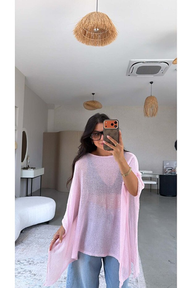 Pink Plain Thin Knitwear Poncho