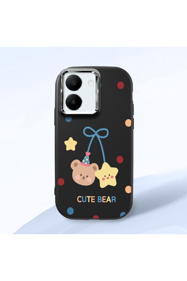 Vivo Y36 Compatible Case Camera Protector Black Silicone Couple Phone Case Bear Patterned