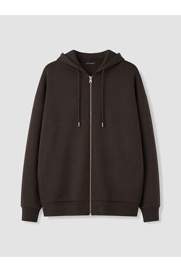 Brown Hooded Oversize Women's Zippered Sweatshirt