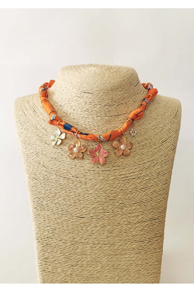 Orange Patterned Fabric Necklace with Flower Charm Detail