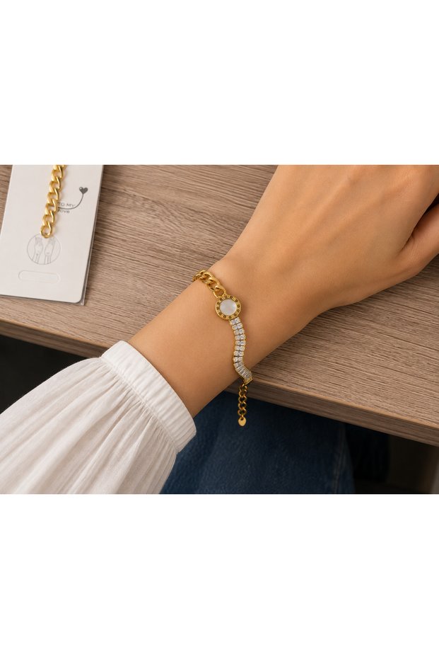 Gold Color Roman Numeral Detailed Zircon Stone Steel Women's Bracelet