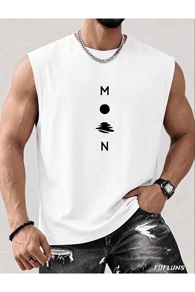 Moon Printed Men's Regular Fit Crew Neck Sports Sleeveless T-Shirt
