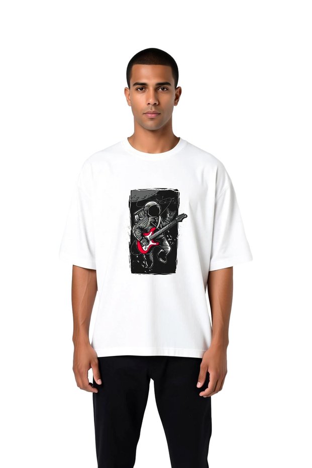 Men's Oversize T-Shirt Astronaut Electric Guitar Cosmic Music Printed Relaxed Fit Cotton Casual Modern