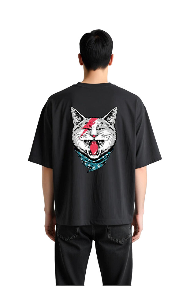 Men's Oversize T-Shirt Cat Bandana Lightning Printed Relaxed Fit Casual Wear Modern Stylish Comfortable Elegant
