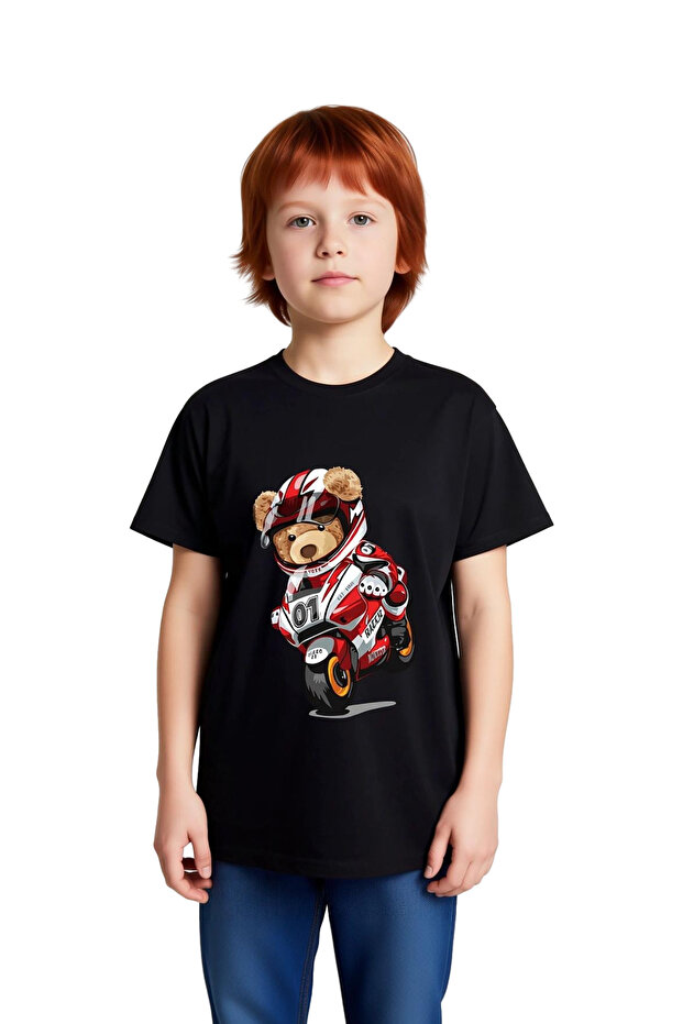 Children's Motorcycle Racer Bear Printed Short Sleeve T-Shirt Dynamic Graphic Digital Print Casual Comfortable