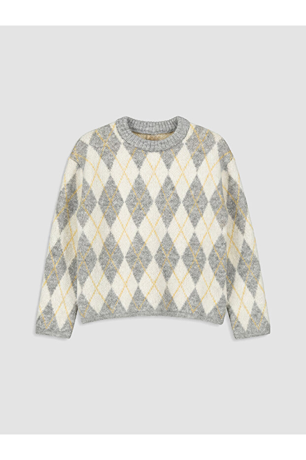 Alita City Ecru Diamond Patterned Girls' Knit Sweater with a Difference