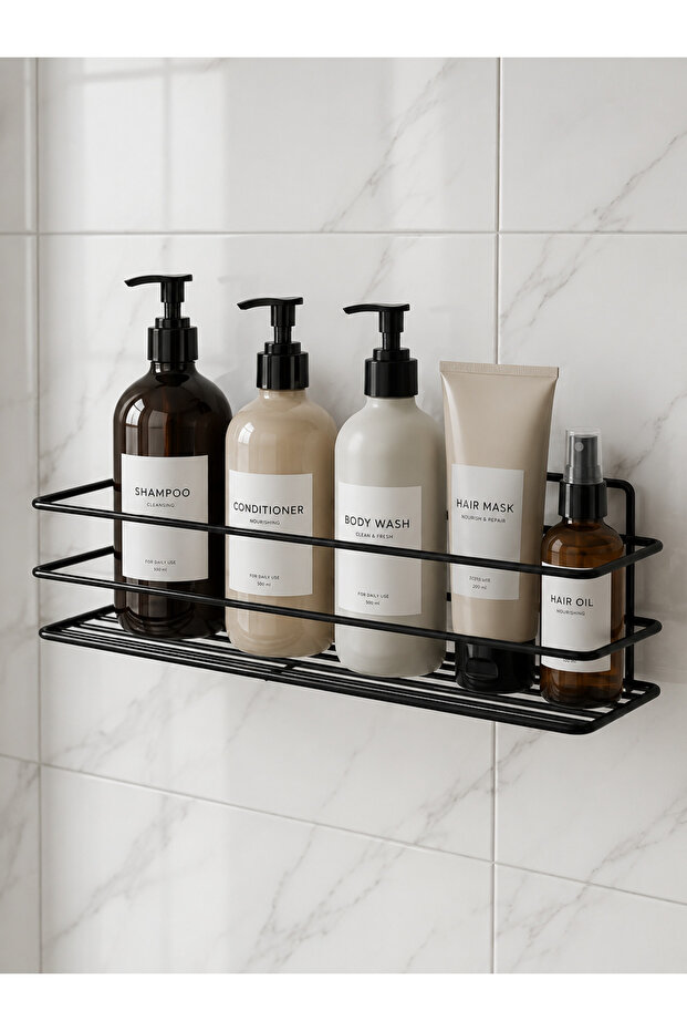 Adhesive Bathroom Organizer No Drilling Strong Adhesive 5mm Quality Wire 1Pc Bathroom Shelf Shampoo Holder Soap Dish Matte Black Shower Hanger Rack