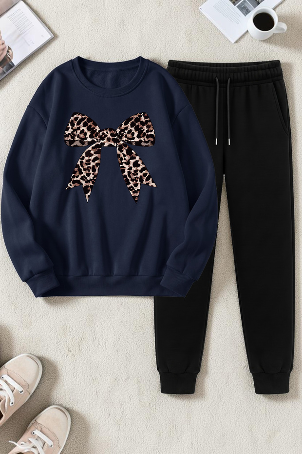 Unisex Leopard Patterned Ribbon Design Printed Crew Neck Sweatshirt - 2-Piece Tracksuit Set