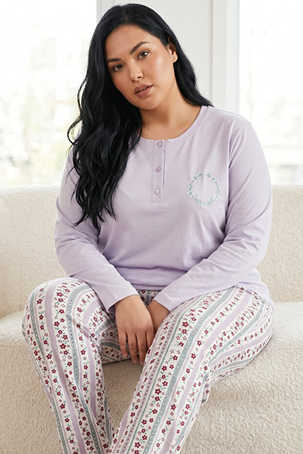 Patterned Embroidered Buttoned Cotton Lycra Large Size Oversized Knitted Pajama Set26240950