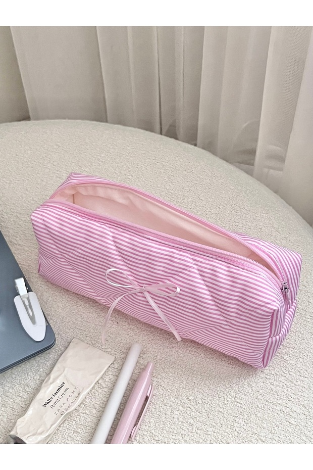 Pink Striped Quilted Pen Holder – Multi-Purpose Fabric Pencil Case and Organizer Bag (24X7X7 cm)