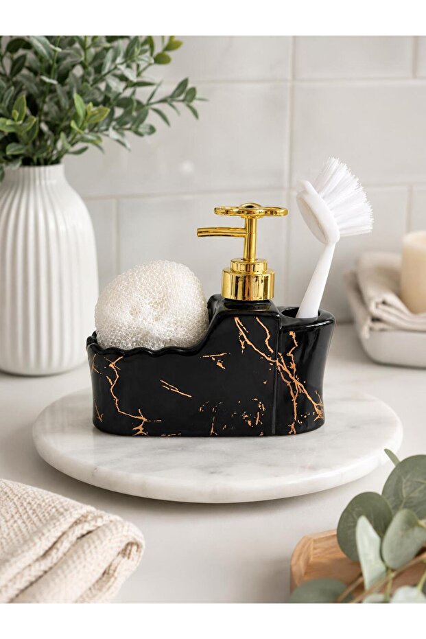 14359 Black Marble Patterned Porcelain Liquid Soap Dispenser with Brush |   Gold Pumped