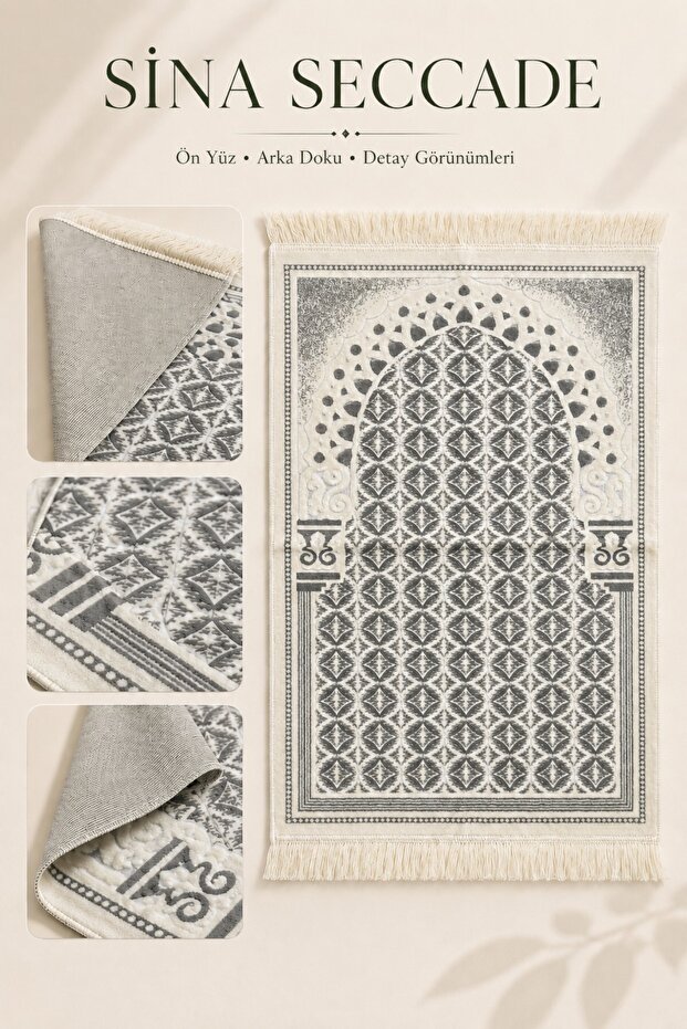 Gray Sina Prayer Rug Lined with Velvet, Soft Textured, Hajj and Umrah Gift Prayer Mat