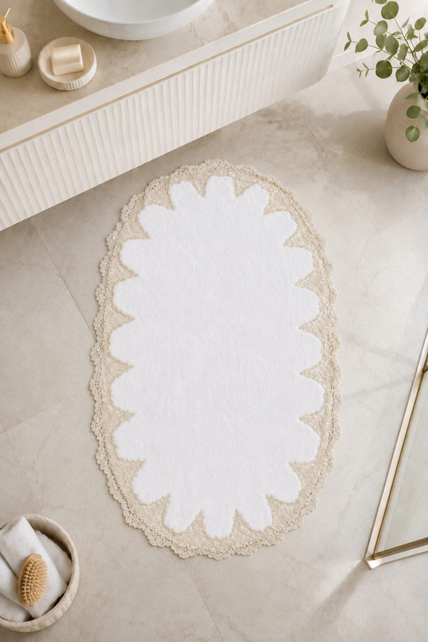 Gold Lace Non-Slip Sole Bath Mat Lace-Edged Washable Bath Set Akira