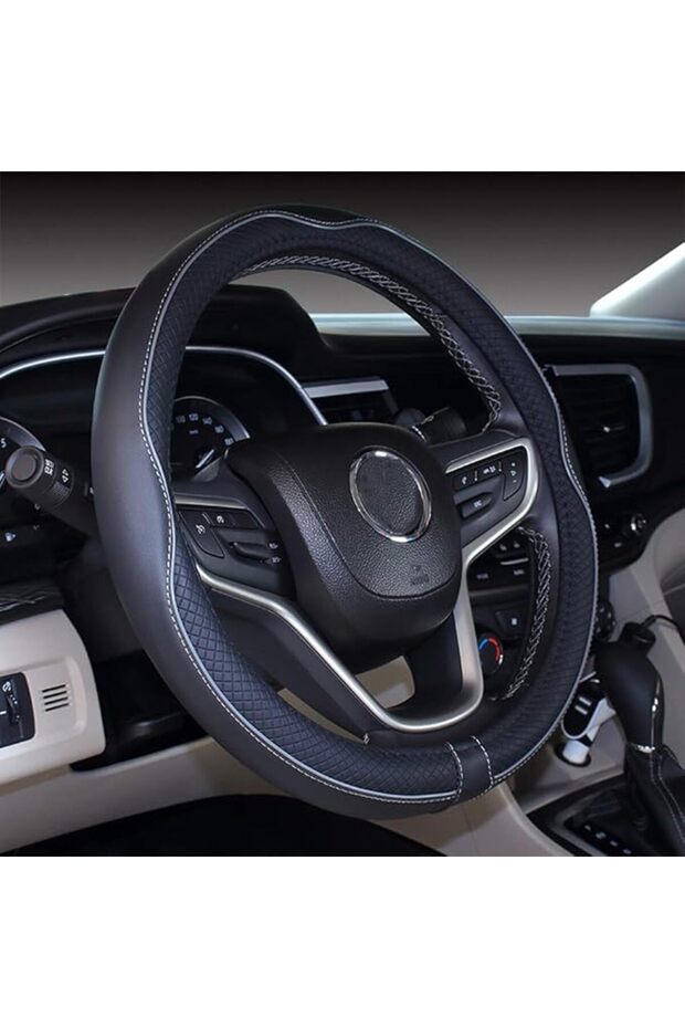 Microfiber Leather Car Medium Steering Wheel Cover (14.5''-15'',Black Dark Blue)