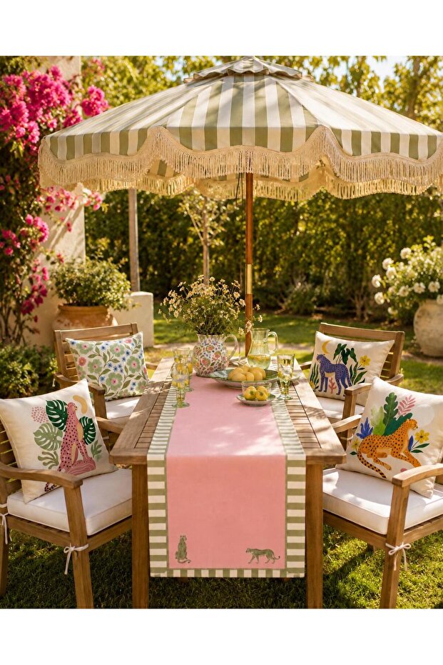 R'Eyla Forest Runner 50X150 cm Pink Green Striped Leopard Patterned Micro Honeycomb Special Design Table Runner