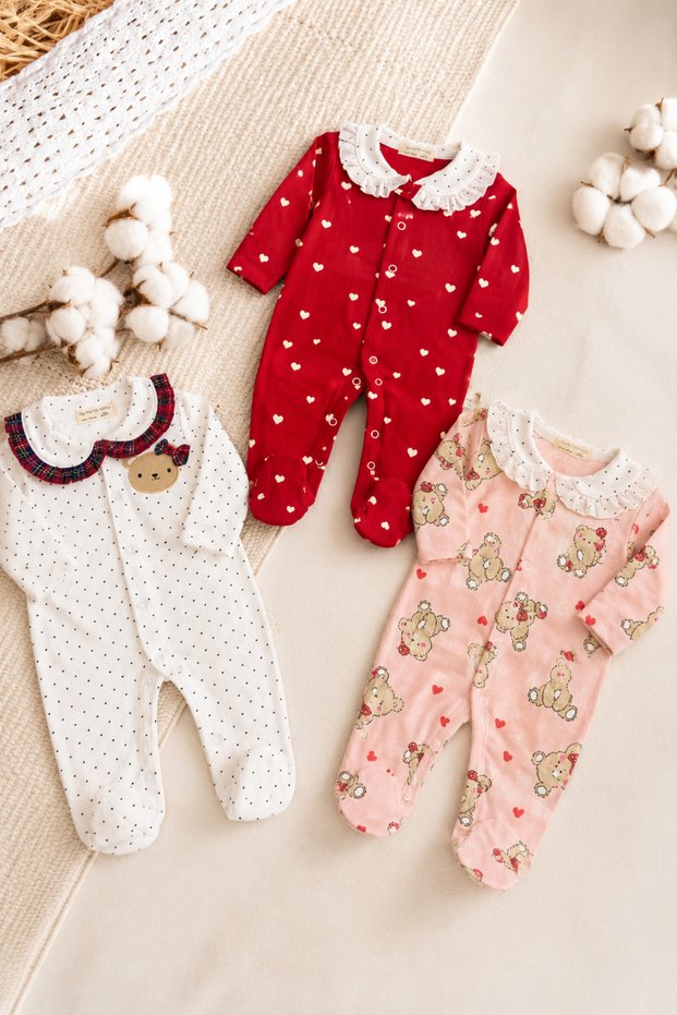 Baby Girl Collar Detailed 3-Piece Jumpsuit Set with Booties One Size 0-3 Months Cotton Newborn Organic