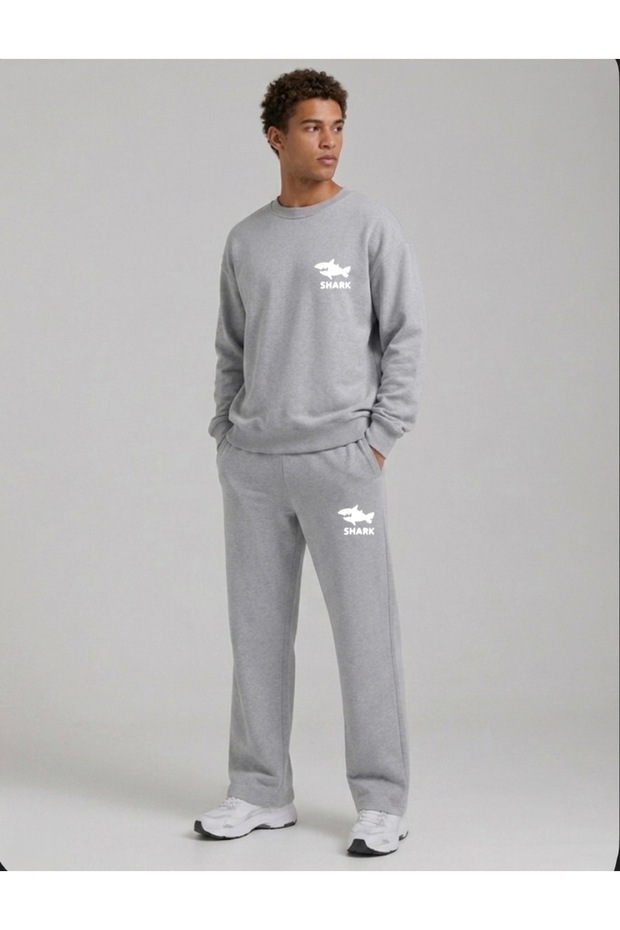 Shark Printed Men's Tube-Collar Sweatshirt and Pants Track Suit