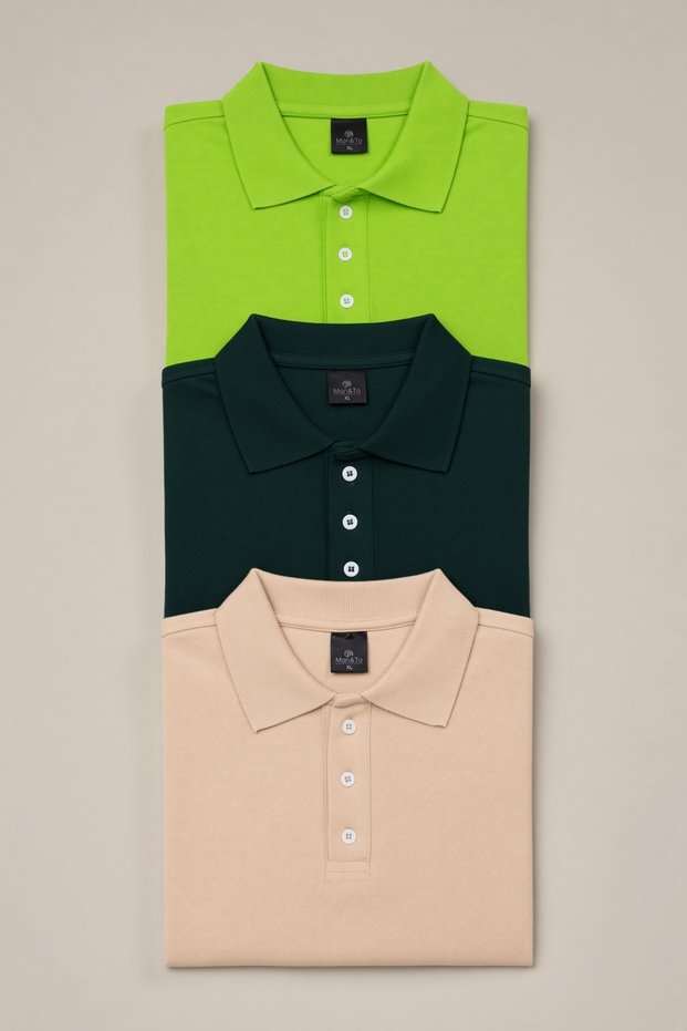 Men's Polo Neck T-Shirt 3-Pack – Beige Khaki Pistachio Green, 100% Cotton