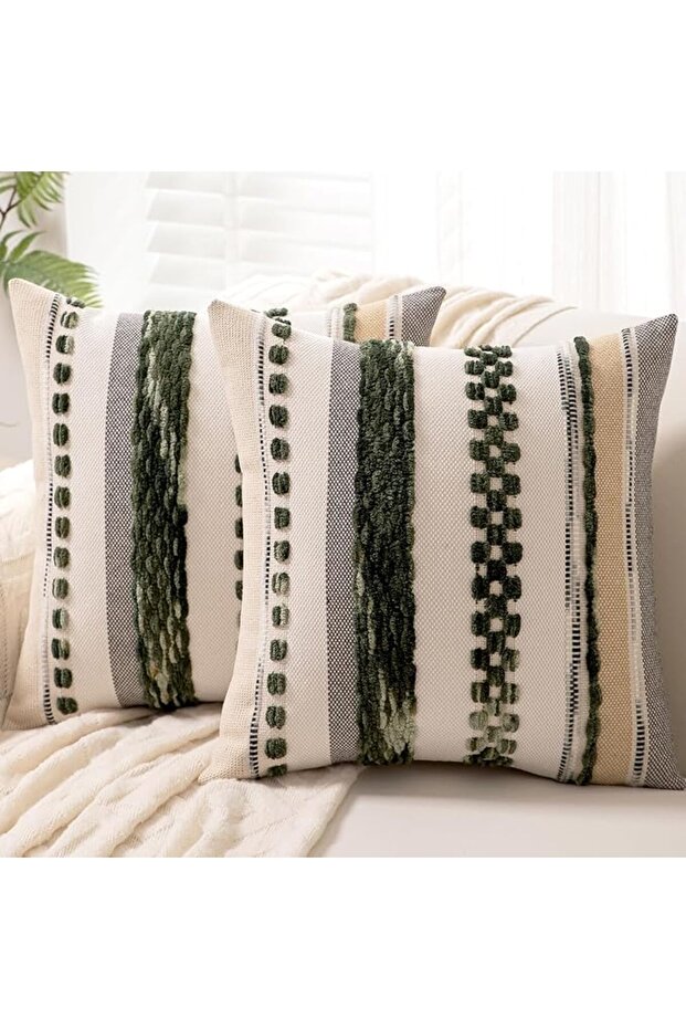 2 Pack Boho Throw Pillow Covers, Striped Chenille Covers, Farmhouse Decorative Cushion Cases
