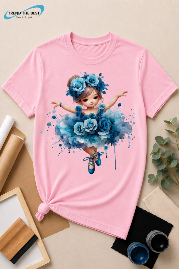 Summer Ballerina Blue Rose Printed Girls' and Adult Single T-Shirt