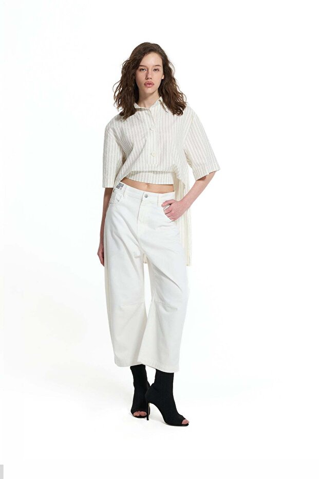 Cream Tape Detailed Asymmetrical Printed Shirt 19182