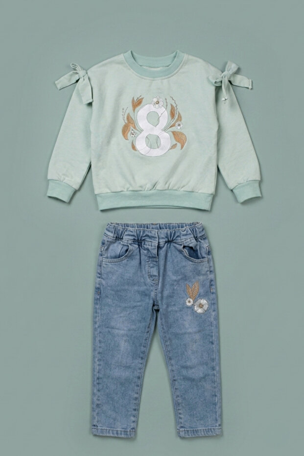 Girls' Bowknot Floral Pattern Sweatshirt and Pants 2-Piece Set