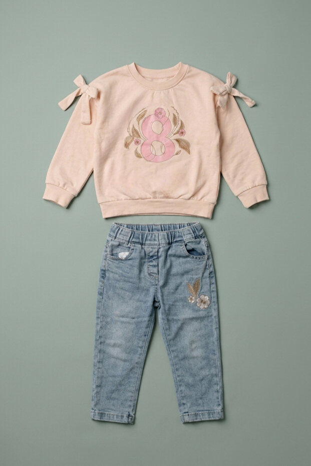 Girls' Bowknot Floral Pattern Sweatshirt and Pants 2-Piece Set