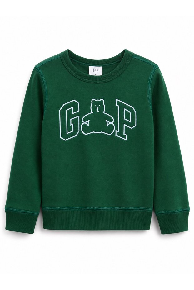 Gap Baby Boy Logo and Teddy Bear Printed Crew Neck Hooded Sweatshirt 0-6 Years Green