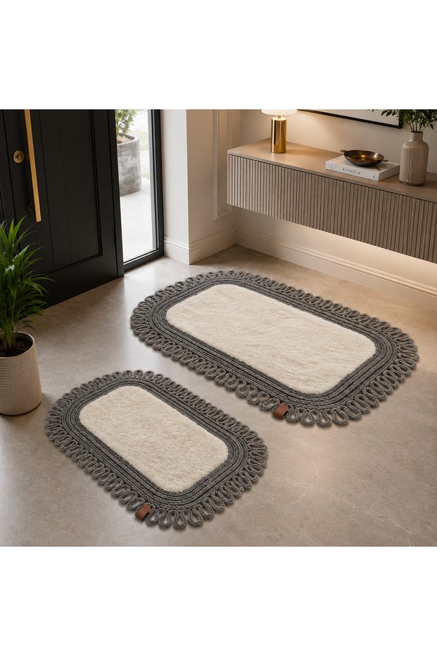 Rectangular Knitted Patterned Plush Detailed 2-Piece Wicker Gray Decorative Doormat 60X100 / 50X60 Gray