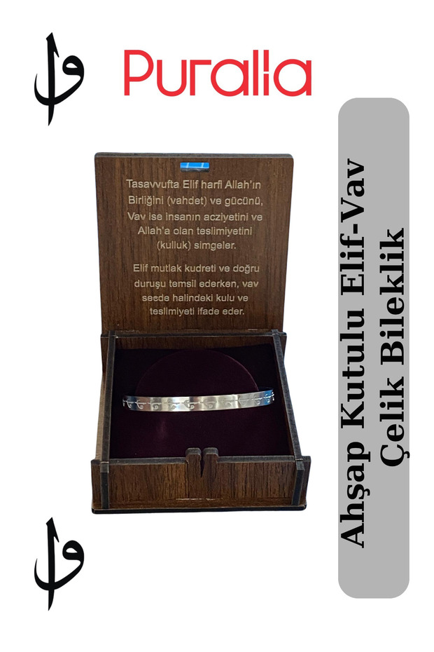 Elif-Vav Steel Bracelet with Wooden Box - Silver Gray