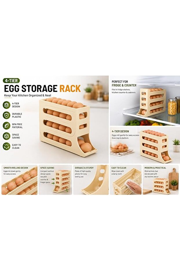 4-Tier Automatic Rolling Egg Holder for Refrigerator, Gravity-Fed Egg Organizer, Space-Saving Egg St - 4