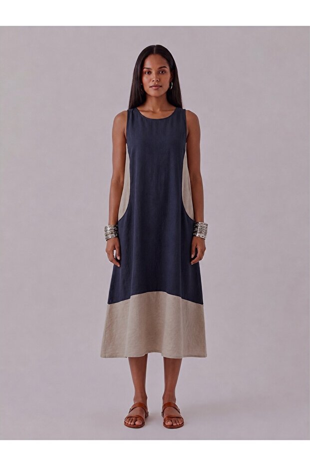 Women's Navy Blue and Beige Combination Modal Fabric Dress with Pockets