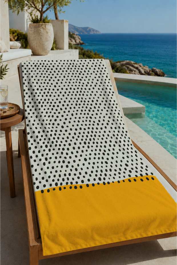 Black and White Micro Geometric Patterned Mustard Border 70X150 Beach Towel - Digital Printed Fade-Resistant Bath Towel