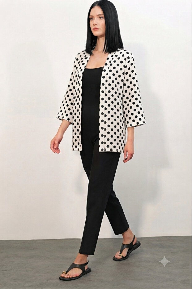 Women's Knitted Polka Dot Kimono Black and White